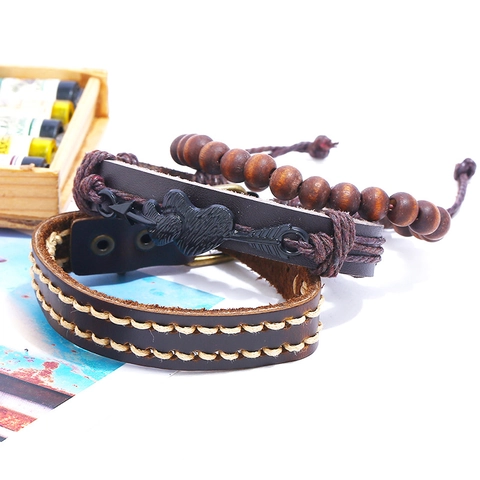 Vintage Punk Men Leather Bracelet Set Cowhide Hand Woven Alloy Arrow Heart 3 Piece Adjustable Retro Handcrafted Jewelry