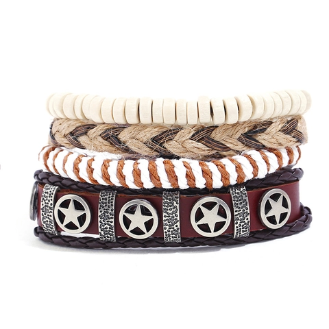 Vintage Punk Men Leather Bracelet Set Multilayer Woven Cowhide Rope Bracelet With Alloy Star Wood Beads DIY Jewelry Gift