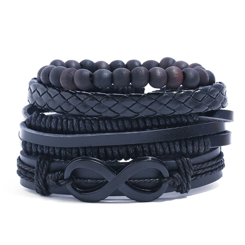 Bracciale in Pelle Vintage da Uomo Impilabile Intrecciato Polsino in Pelle Bovina Simbolo Infinito Perle di Legno Corda Cerata Gioielli Punk Multistrato