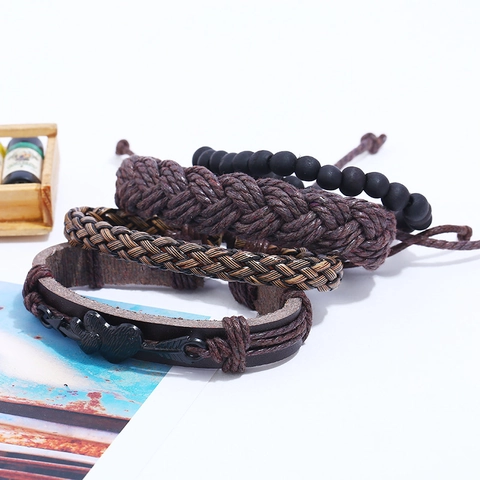 Vintage Herren Kunstleder Armband Geflochtenes Seil Holzperle Pfeil Herz Charm Verstellbar Punk Bohemian Handgelenkschmuck