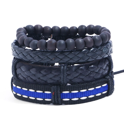 Men Vintage Braided Cowhide Leather Bracelets Retro Handmade Wood Beads Wax Cord Adjustable Punk Boho Multilayer Jewelry