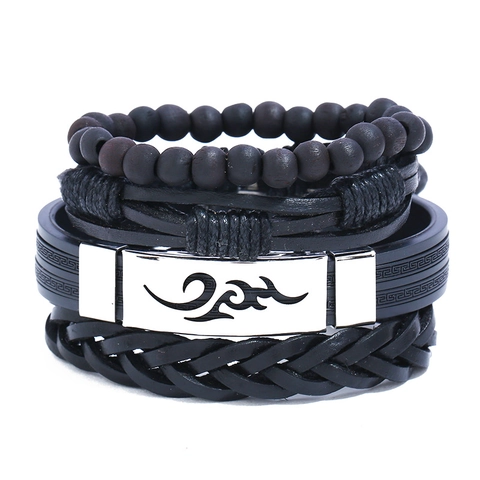Punk Ethnic Leather Bracelet Set For Men Women Vintage Braided Cowhide Wood Bead Stainless Steel Tribal Charm Bracelet