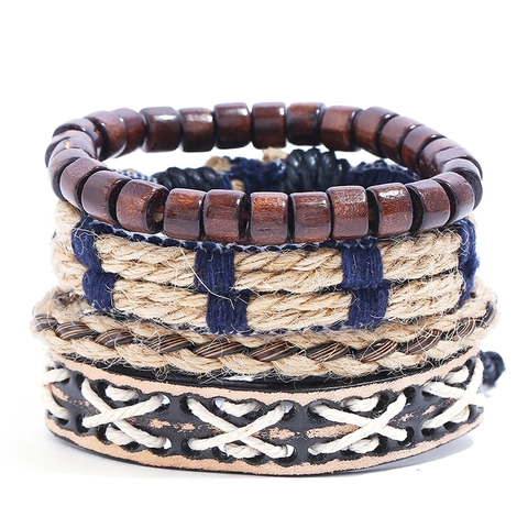 Vintage Cowhide Leather Bracelet For Men Woven Hemp Rope Wood Beads Punk Multilayer Adjustable Metal Charm Bracelet Jewelry
