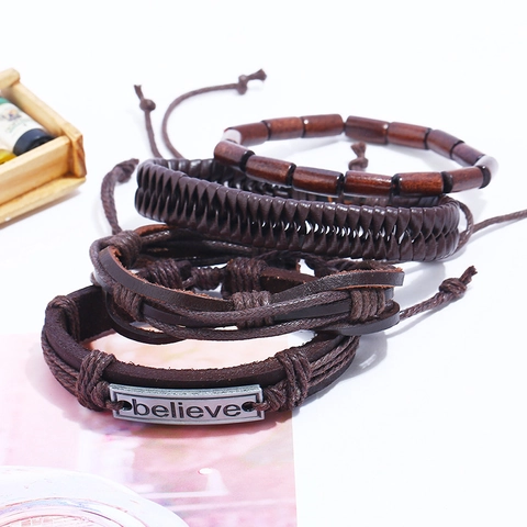 Retro Herren Gewebtes Rindsleder Armband Mehrlagig Holzperle Legierung Believe Buchstabenplatte Bohemian Verstellbares Armband Schmuck