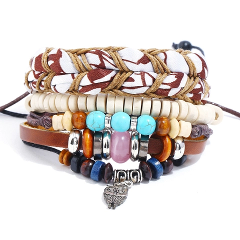 Vintage Bohemian Mehrlagiges Lederarmband Für Damen Herren Handgefertigt Geflochten Eule Anhänger Holzperlen Ethnischer Schmuck