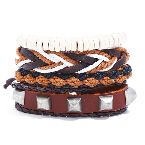 Vintage Herren Mehrlagiges Rindleder Armband Punk Geflochtenes Seil Metallniete Holzperle Modeschmuck Handgelenk Zubehör