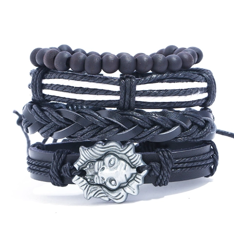 Men Retro Multilayer Braided Cowhide Leather Bracelet Set With Lion Head Alloy Charm And Wood Beads Ethnic Punk Jewelry