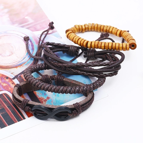 Vintage Bohemian Mehrlagiges Geflochtenes Kunstleder Armband Set Für Herren Damen Unendlichkeitssymbol Holzperlen Legierung Schmuck
