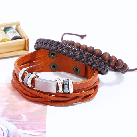 Men Vintage Genuine Leather Braided Bracelet Multilayer Wrap Bracelet Set With Wood Beads And Alloy Charms Punk Jewelry