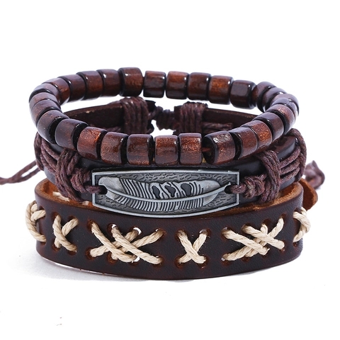 Vintage Rindleder Geflochtenes Armband Mit Legierung Feder Anhänger Punk Mehrlagig Stapelbar Verstellbar Hanfseil Schmuck Für Damen Herren