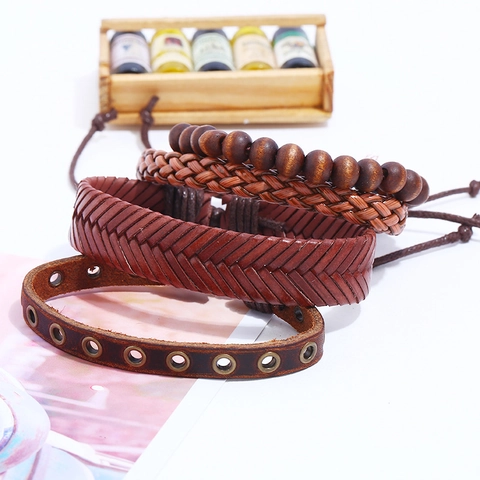 Vintage Braided PU Leather Wood Bead Bracelet Set For Men Bohemian Punk Multi-Layer Wristband Hand Jewelry Brown Ethnic Charm Bracelet
