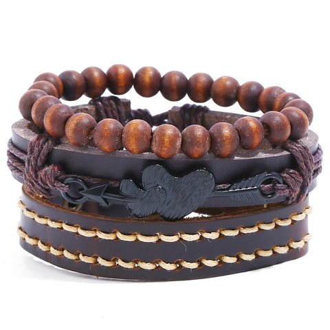 Vintage Punk Men Leather Bracelet Set Cowhide Hand Woven Alloy Arrow Heart 3 Piece Adjustable Retro Handcrafted Jewelry