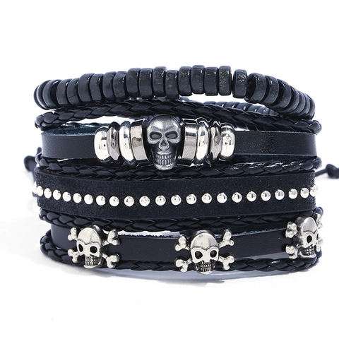 Vintage Punk Totenkopf Geflochtenes Lederarmband Herren Mehrlagig Perlen Charm Verstellbar Biker Schmuck Armreif Accessoire