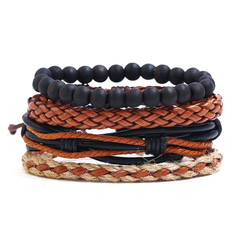 Set di Braccialetti in Pelle Intrecciata Vintage Punk per Uomo Donna Corda di Canapa Fatta a Mano Perline in Legno Gioielli Regolabili