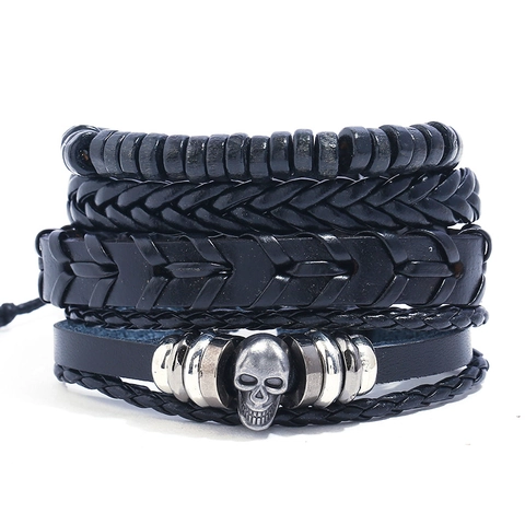 Uomo Retrò Punk Nero Pelle Intrecciata Gioielli Teschio Perla di Metallo Multistrato Corda Intrecciata Regolabile Gioielli da Mano per Uomo