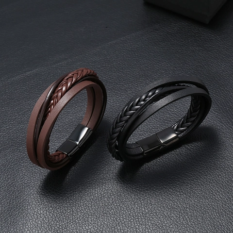 Herren Punk Vintage Mehrlagiges Lederarmband Edelstahl Magnetverschluss Geflochtenes Wickelarmband Herren Schmuck Geschenk