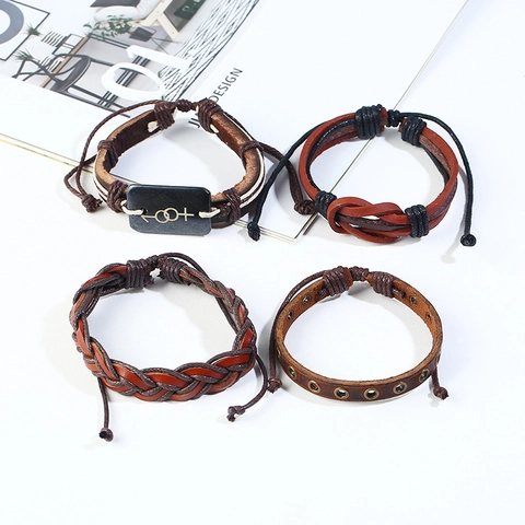 Pulseras de Cuero Trenzado Vintage Punk para Hombre Aleación Hoja de Arce Símbolo de Género Multicapa Joyería Étnica
