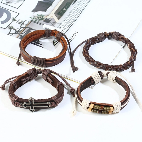 Retro Punk Men Multi Layer Leather Bracelet Hand Woven Cowhide Wax Rope Wooden Bead Alloy Cross Charms Jewelry