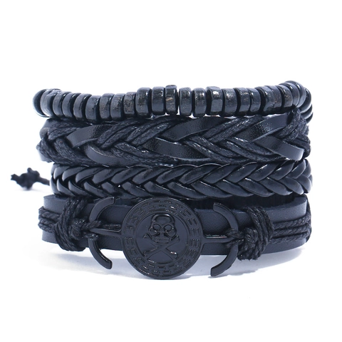 Set di Bracciali Multistrato Punk Vintage da Uomo in Pelle Artificiale Intrecciata Perline di Legno Ciondoli Teschio Ancora