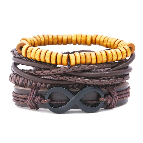 Vintage Bohemian Mehrlagiges Geflochtenes Kunstleder Armband Set Für Herren Damen Unendlichkeitssymbol Holzperlen Legierung Schmuck