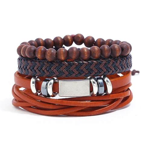 Men Vintage Genuine Leather Braided Bracelet Multilayer Wrap Bracelet Set With Wood Beads And Alloy Charms Punk Jewelry