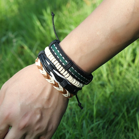 Men Vintage Cowhide Leather Bracelet Braided Wax Cord Wood Bead Ribbon Multilayer Ethnic Punk Style Jewelry Bracelet