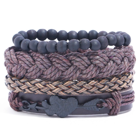 Vintage Herren Kunstleder Armband Geflochtenes Seil Holzperle Pfeil Herz Charm Verstellbar Punk Bohemian Handgelenkschmuck