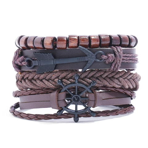 Vintage Men's Multilayer Braided Synthetic Leather Bracelet Collection With Wood Beads Alloy Helm Anchor Charms Punk Ethnic Style Jewelry