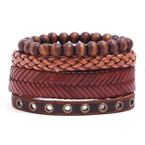 Vintage Braided PU Leather Wood Bead Bracelet Set For Men Bohemian Punk Multi-Layer Wristband Hand Jewelry Brown Ethnic Charm Bracelet