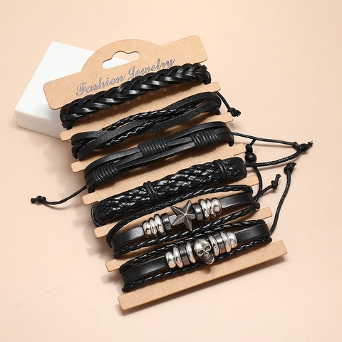 Pulsera de Cuero Tejida a Mano Vintage para Hombre Abalorio de Estrella de Calavera Punk Brazalete Multicapa Ajustable Joyería
