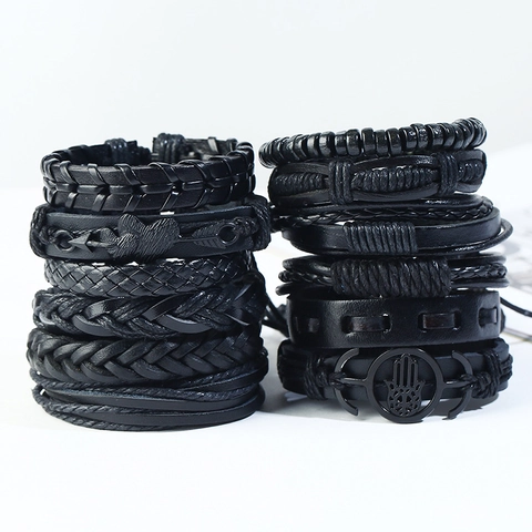 Vintage Men Leather Woven Bracelets Multi-layer Punk Cowhide Wrap Jewelry With Hamsa Hand Cross Wood Beads Ethnic Style