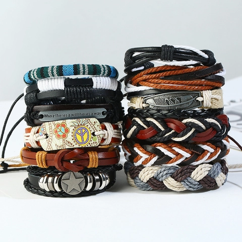 Ensemble de Bracelets en Cuir Tressé Vintage pour Hommes Boho Fait Main Multicouche Bracelet Enveloppant Punk Bijoux Ethniques