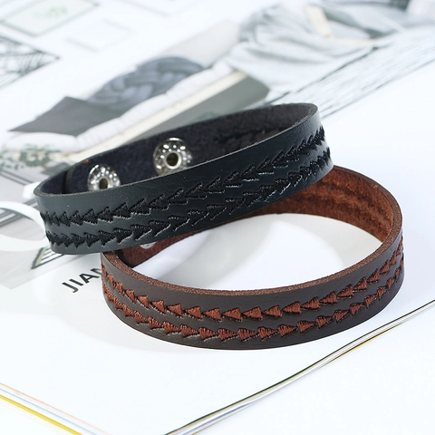 Punk Vintage PU Leder Armband Für Herren Damen Bestickt Geometrisches Muster Verstellbarer Metall Druckknopf Manschette Armband Unisex Schmuck