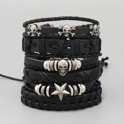 Juego de Pulseras de Cuero Auténtico Trenzado Punk Retro Para Hombres Mujeres Calavera Estrella Dijes de Aleación Pulsera Envolvente