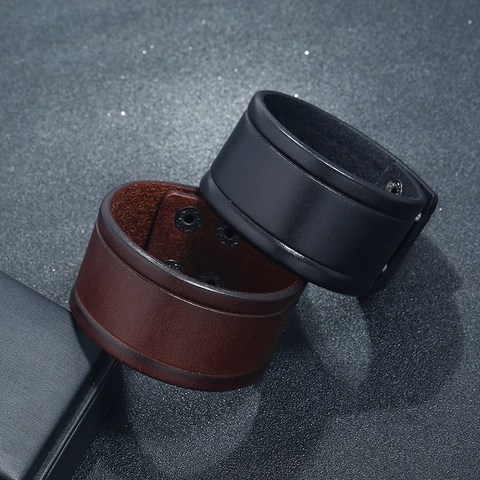 Bracelet Large en Cuir de Vachette Vintage pour Hommes Style Punk Manchette Fait Main Avec Bouton Pression en Métal Réglable Bijoux Rétro