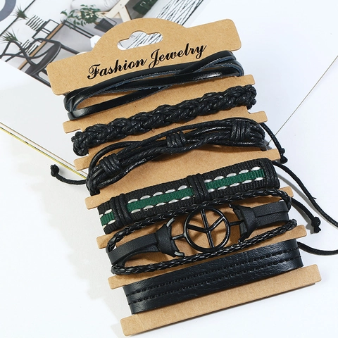 Heren Vintage Gelaagd Gevlochten Rundleer Stapelbare Armbanden Punk Boheems Vredesteken Verstelbaar Touw Sieraden