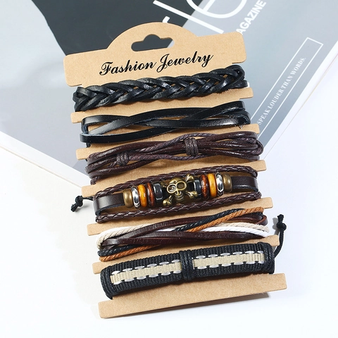 Punk Vintage Braided Leather Bracelet Collection For Men Women Alloy Skull Charm Multilayer Wrap Cord Bracelet Fashion Jewelry
