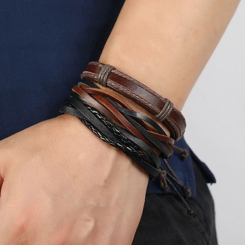Men Vintage Braided Genuine Leather Bracelet Multilayer Wax Cord Woven Alloy Charm Wristband Punk Retro Casual Jewelry