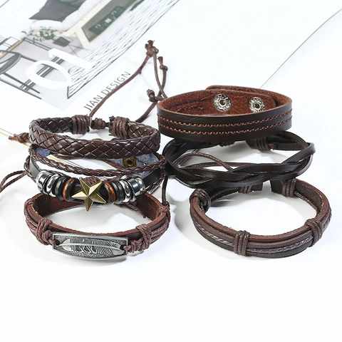 Men's Retro Braided Leather Bracelet Multilayer Cowhide Hand Rope With Star Feather Alloy Charms Bohemian Style Jewelry Gift