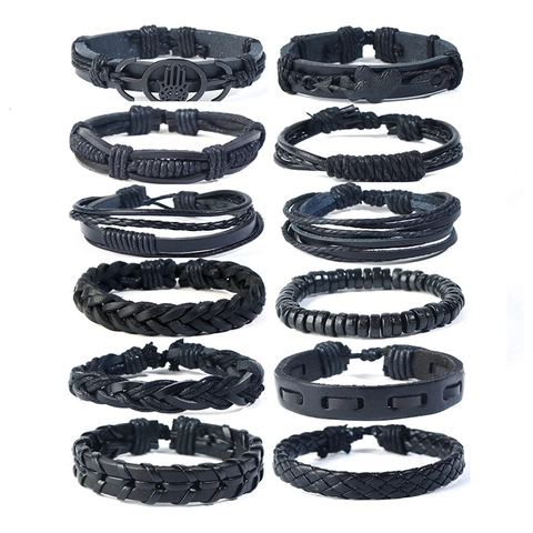 Vintage Men Leather Woven Bracelets Multi-layer Punk Cowhide Wrap Jewelry With Hamsa Hand Cross Wood Beads Ethnic Style