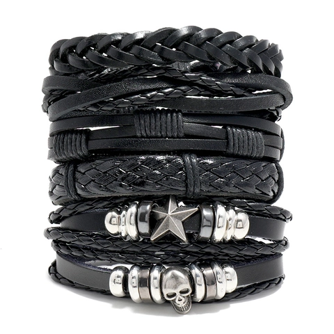 Pulsera de Cuero Tejida a Mano Vintage para Hombre Abalorio de Estrella de Calavera Punk Brazalete Multicapa Ajustable Joyería