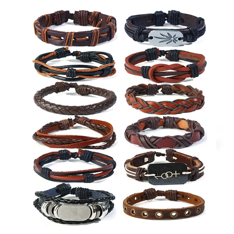 Pulseras de Cuero Trenzado Vintage Punk para Hombre Aleación Hoja de Arce Símbolo de Género Multicapa Joyería Étnica