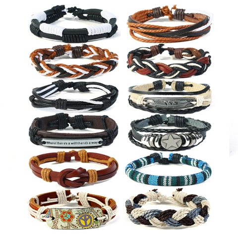 Ensemble de Bracelets en Cuir Tressé Vintage pour Hommes Boho Fait Main Multicouche Bracelet Enveloppant Punk Bijoux Ethniques