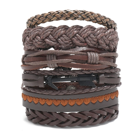 Bracciale da Uomo in Pelle di Vacchetta Intrecciata Multistrato Retrò Collezione Vintage Punk Bohemian Cordino Cerato Lega Freccia Ciondolo Gioielli