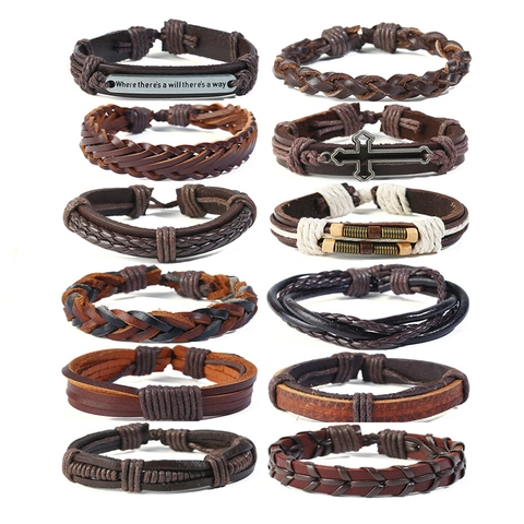 Retro Punk Men Multi Layer Leather Bracelet Hand Woven Cowhide Wax Rope Wooden Bead Alloy Cross Charms Jewelry