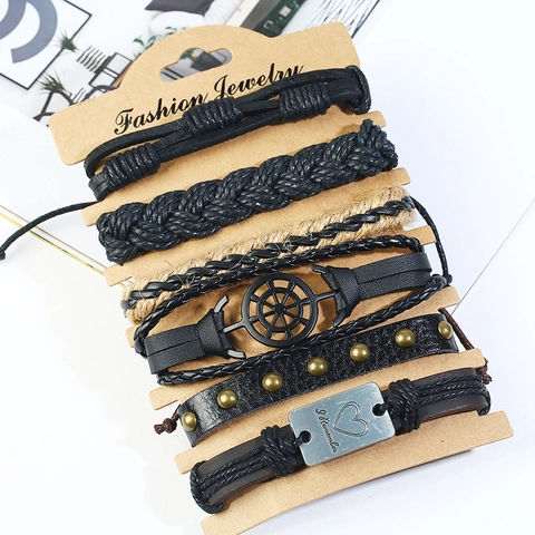 Men Retro Woven Leather Bracelet Punk Multilayer Cowhide Hemp Rope Alloy Helm Heart Charm Fashion Jewelry