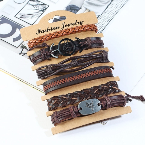 Men's Vintage Braided Leather Bracelet Set Cowhide Alloy Turtle Anchor Musical Note Bohemian Charms Stackable Wristband Jewelry