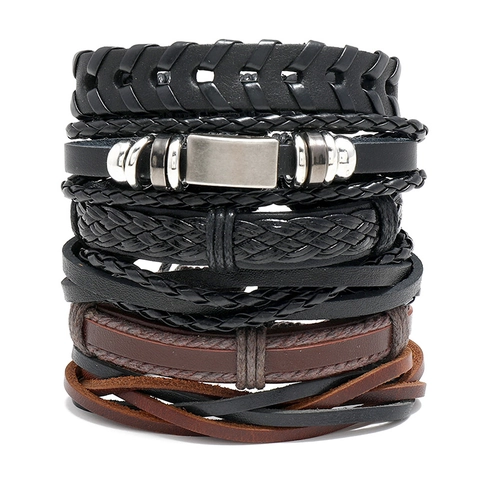 Men Vintage Braided Genuine Leather Bracelet Multilayer Wax Cord Woven Alloy Charm Wristband Punk Retro Casual Jewelry