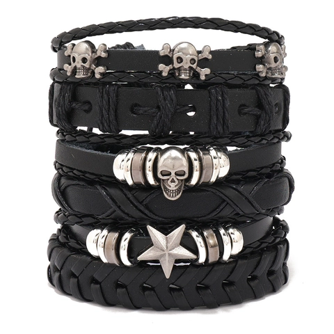 Juego de Pulseras de Cuero Auténtico Trenzado Punk Retro Para Hombres Mujeres Calavera Estrella Dijes de Aleación Pulsera Envolvente