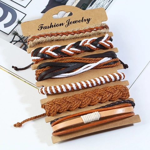 Heren Vintage Gevlochten Armband Multi-Layer Rundleer Hennep Touw Boheems Verstelbaar Punk Handgeweven Sieraden